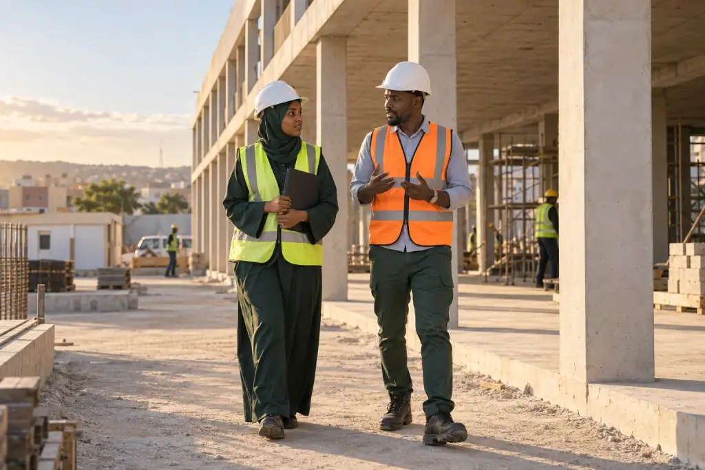 Two construction professionals discussing work beside a building under construction