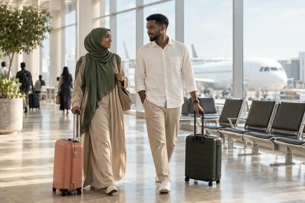 A couple with carry-on luggage in a bright airport lounge