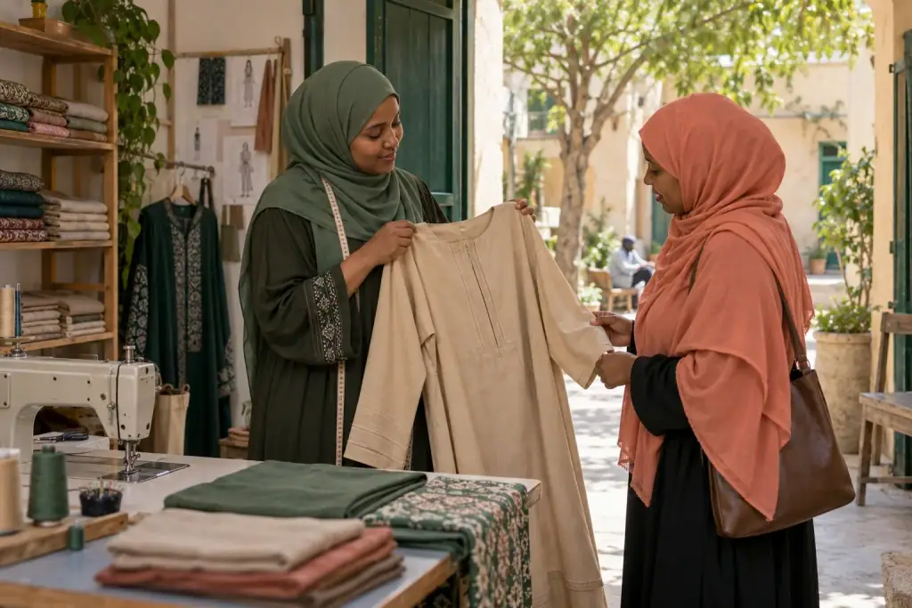A tailor showing a finished garment to a customer in a neighbourhood studio