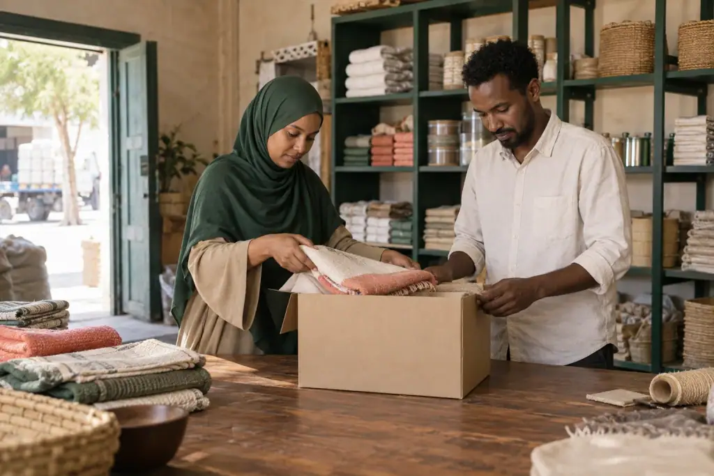 Two merchants packing a textile order in a sunlit shop