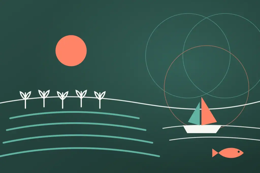 An illustrated farm field at sunrise beside a fishing boat and a fish