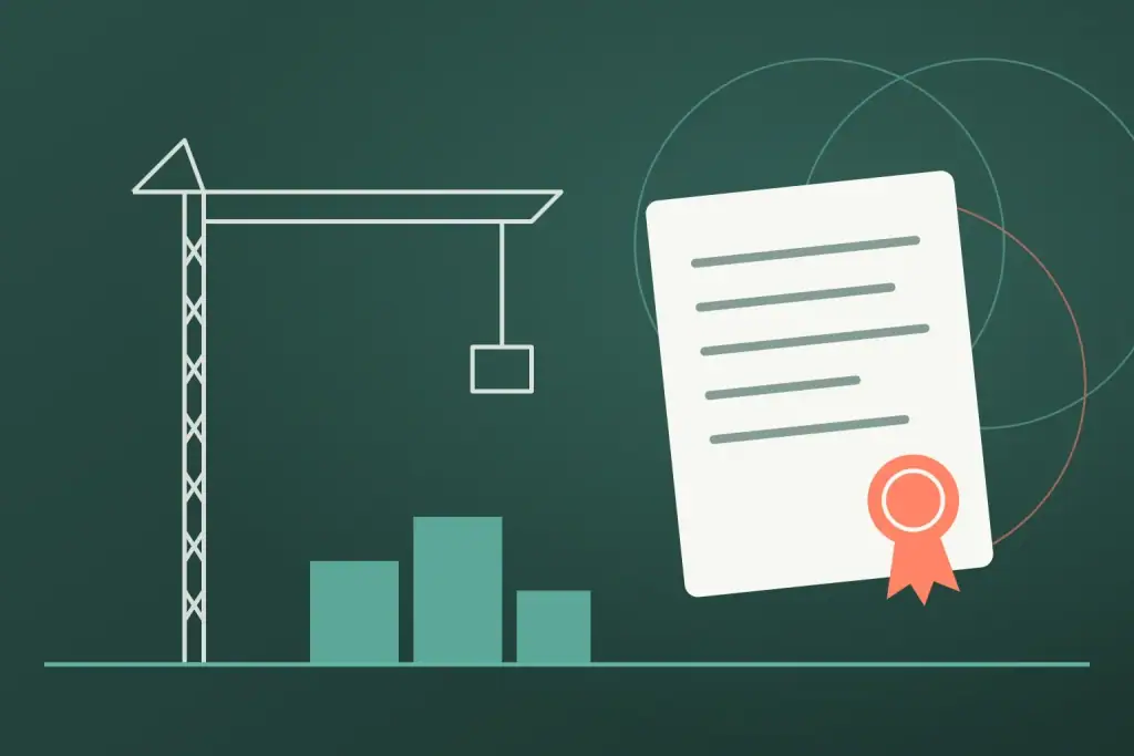 An illustrated contract with a seal beside a construction crane