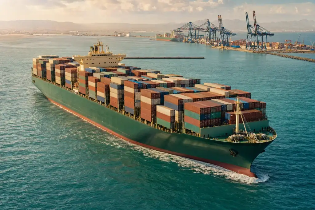 A large container ship carrying dense stacks of cargo containers near a coastal harbour