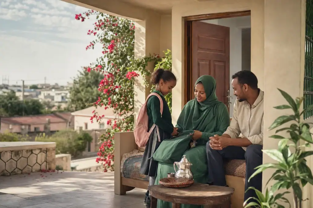 A family sharing a quiet morning on a shaded veranda