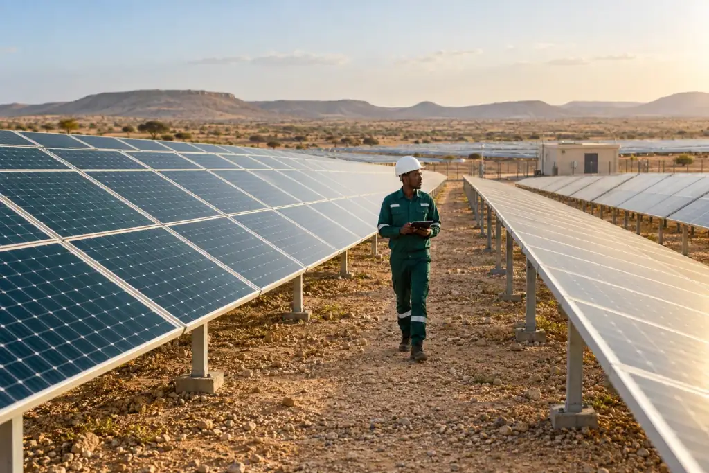An energy technician inspecting rows of solar panels in warm afternoon light