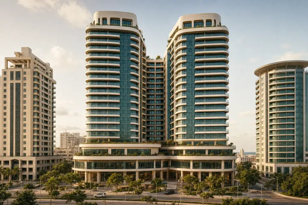 Tall modern buildings with curved balconies