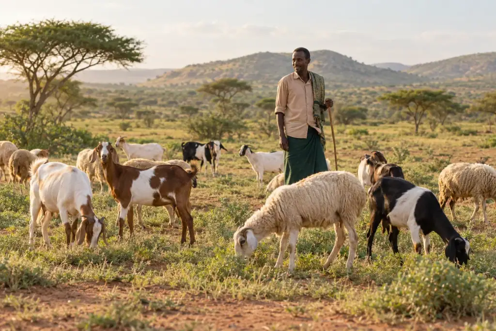 A herder tending goats and sheep on an open grassy landscape