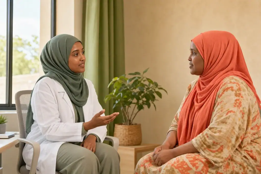 A clinician listening to a patient in a sunlit consultation room