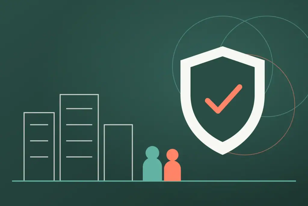 An illustrated shield with a check mark beside office buildings and two people