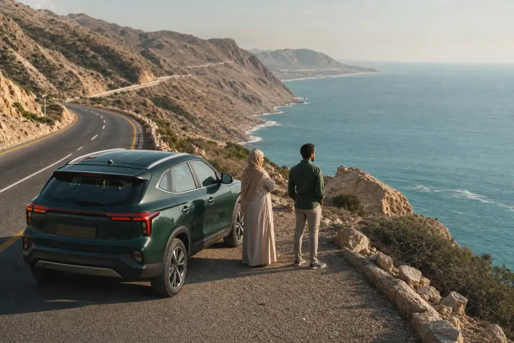 A couple beside their vehicle overlooking the coast